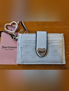 Juicy Couture White Embossed JC Logo Card Holder with Crystal Heart